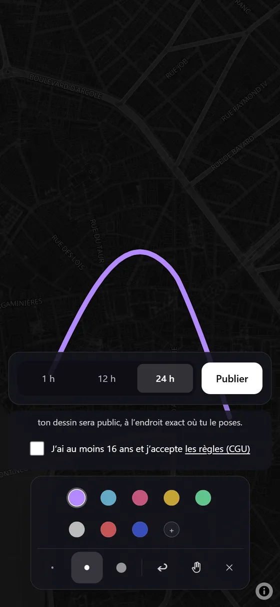 L'écran de dessin d'Éphémère : un trait violet sur la carte, le choix de durée 1 h, 12 h ou 24 h, le bouton Publier et la palette de couleurs.